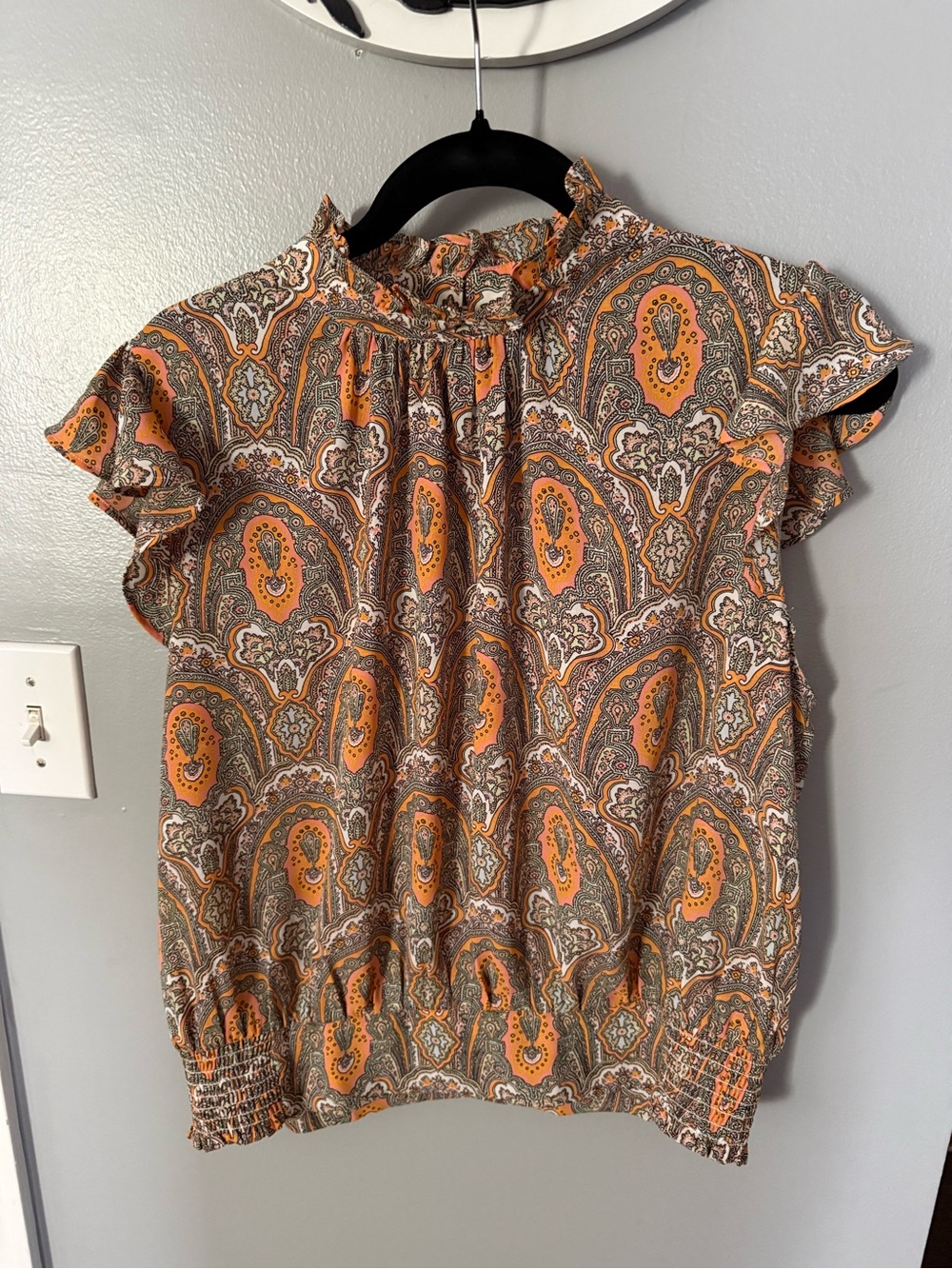 Ann Taylor Factory Paisley Ruffle Sleeve Blouse in Orange and Brown
